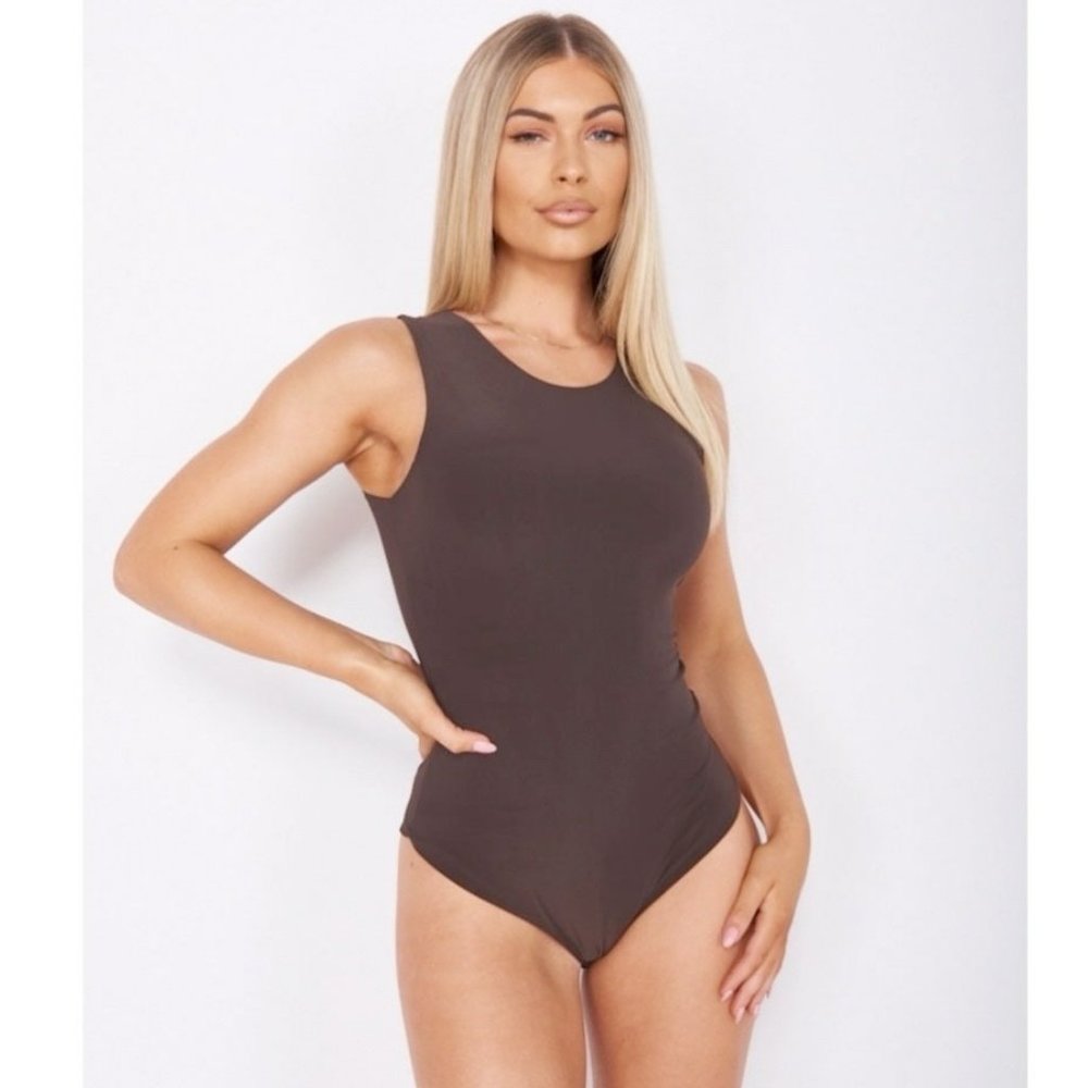 Brown Sleeveless Bodycon Bodysuit Top Leotard - Picture 1 of 10